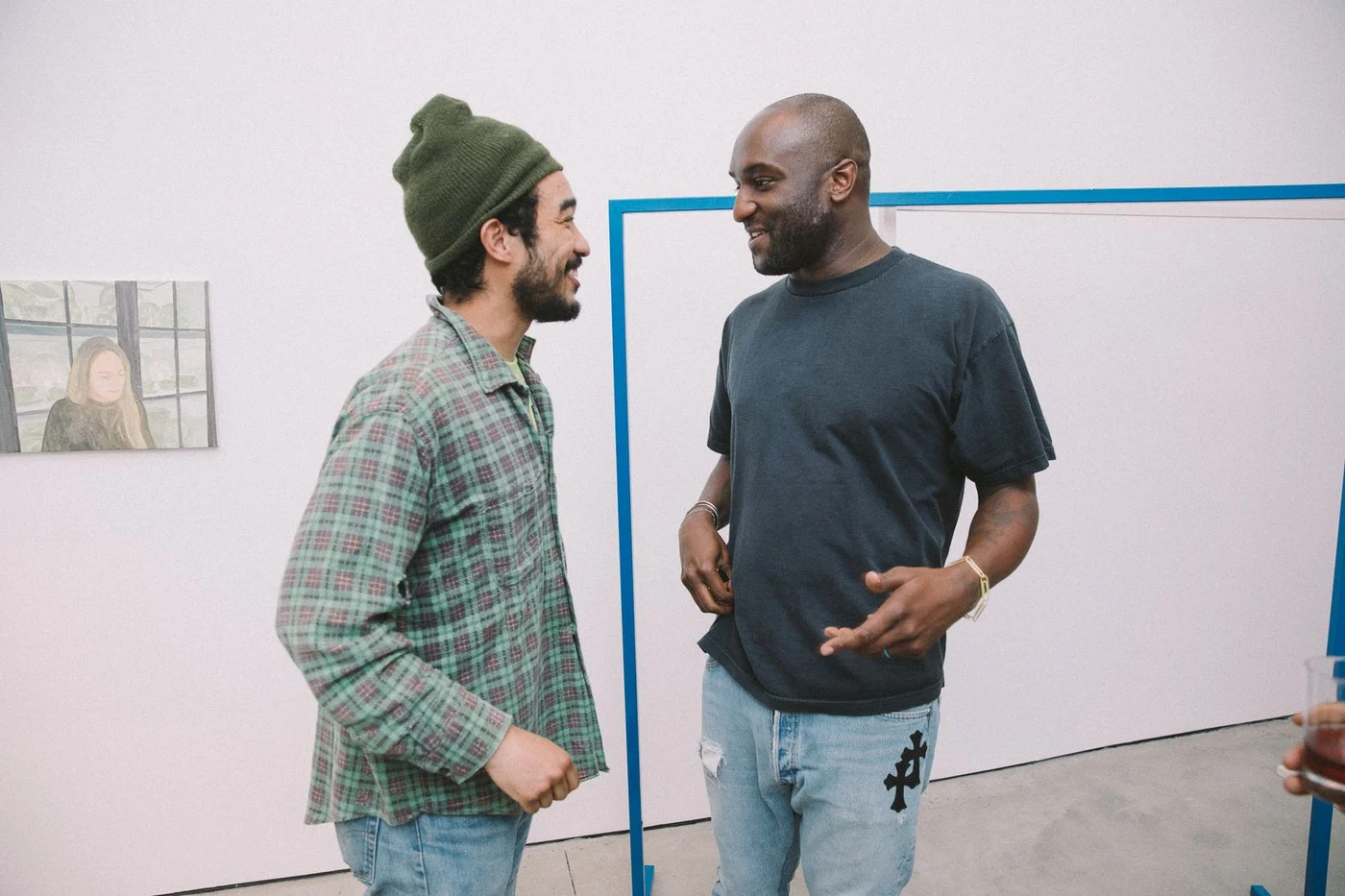 Lucien Smith speaking with Virgil Abloh at the Friends exhibition opening at Off-White Empty Gallery