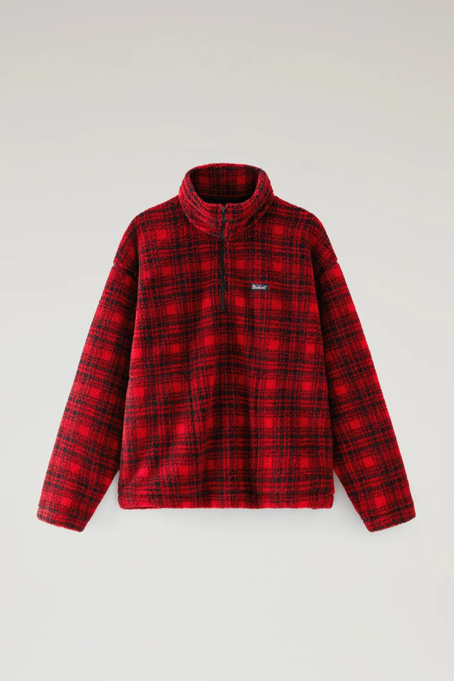Red and black checked quarter-zip top from the Woolrich by Serving the People collection